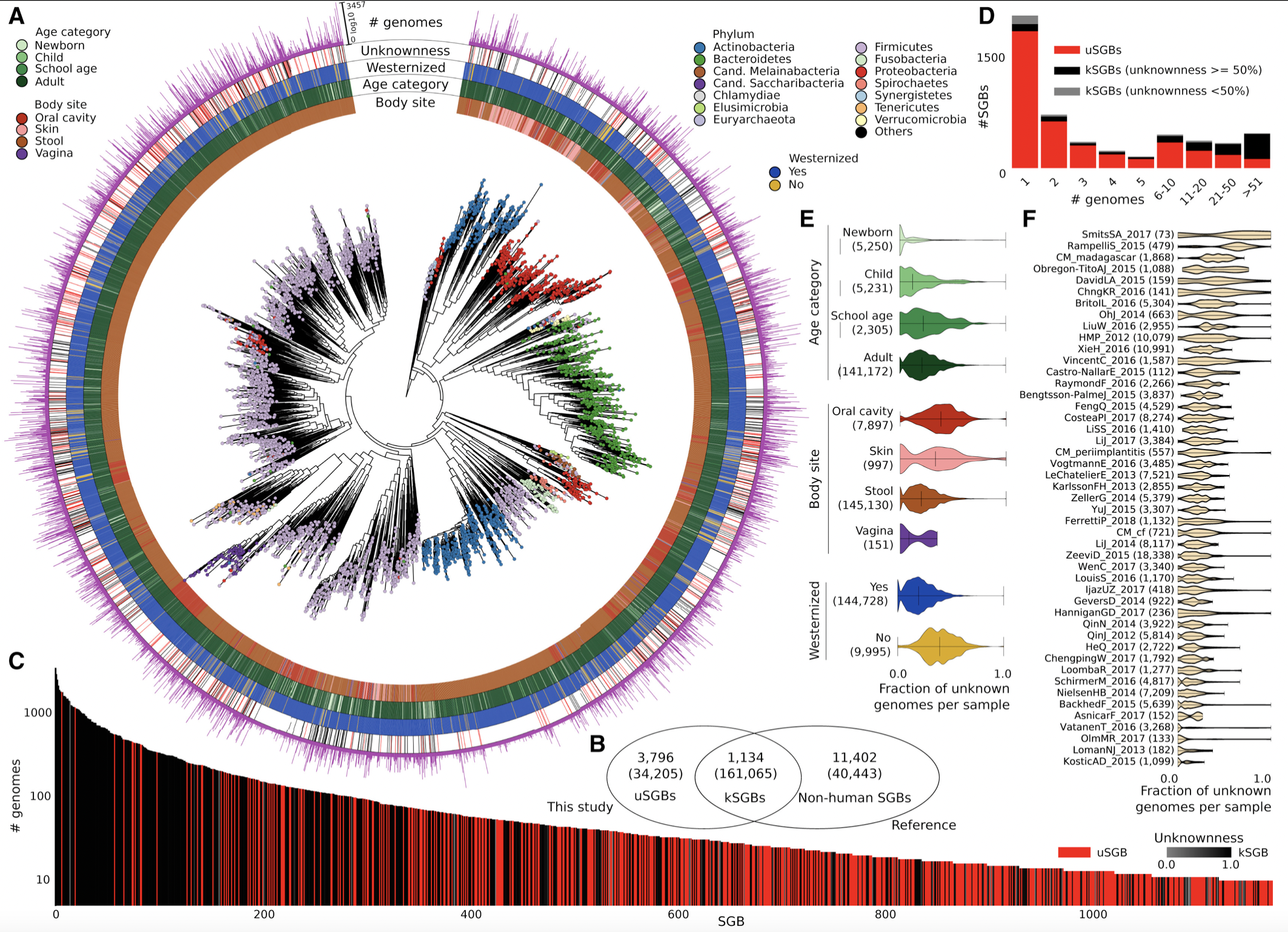 Pasolli, E., Asnicar, F., Manara, S., Zolfo, M., Karcher, N., Armanini, F., … & Segata, N. (2019). Extensive unexplored human microbiome diversity revealed by over 150,000 genomes from metagenomes spanning age, geography, and lifestyle. Cell, 176(3), 649-662.