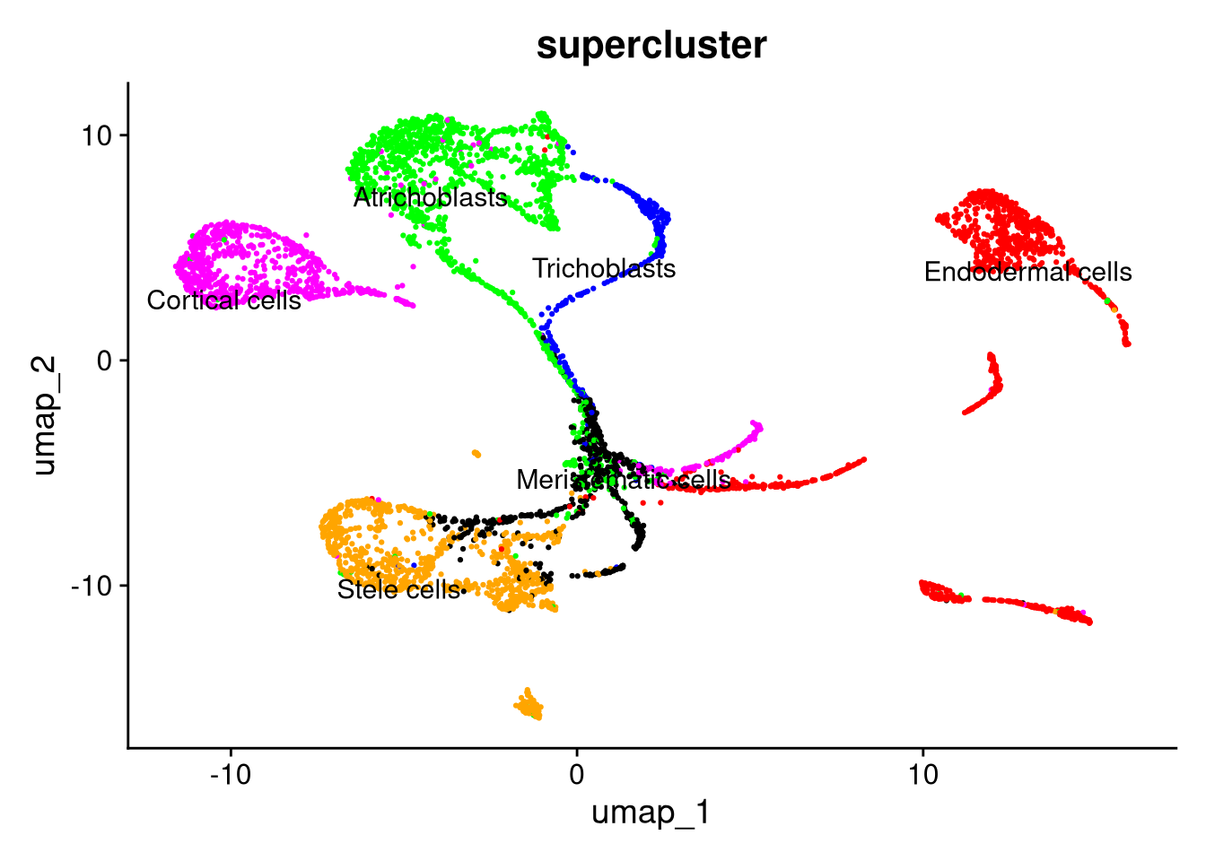 UMAP plot by supercluster, using SCTransform normalization