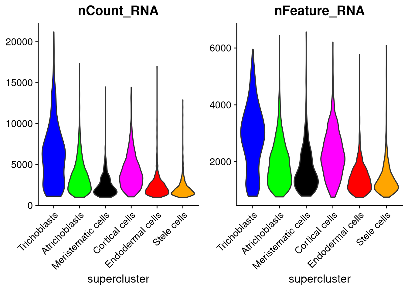 Cell counts and number of expressed genes, by supercluster