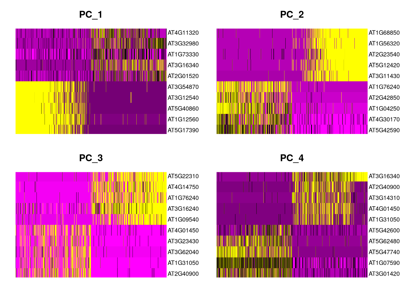 Heatmaps for the first 4 principal components, top 10 genes x 500 cells