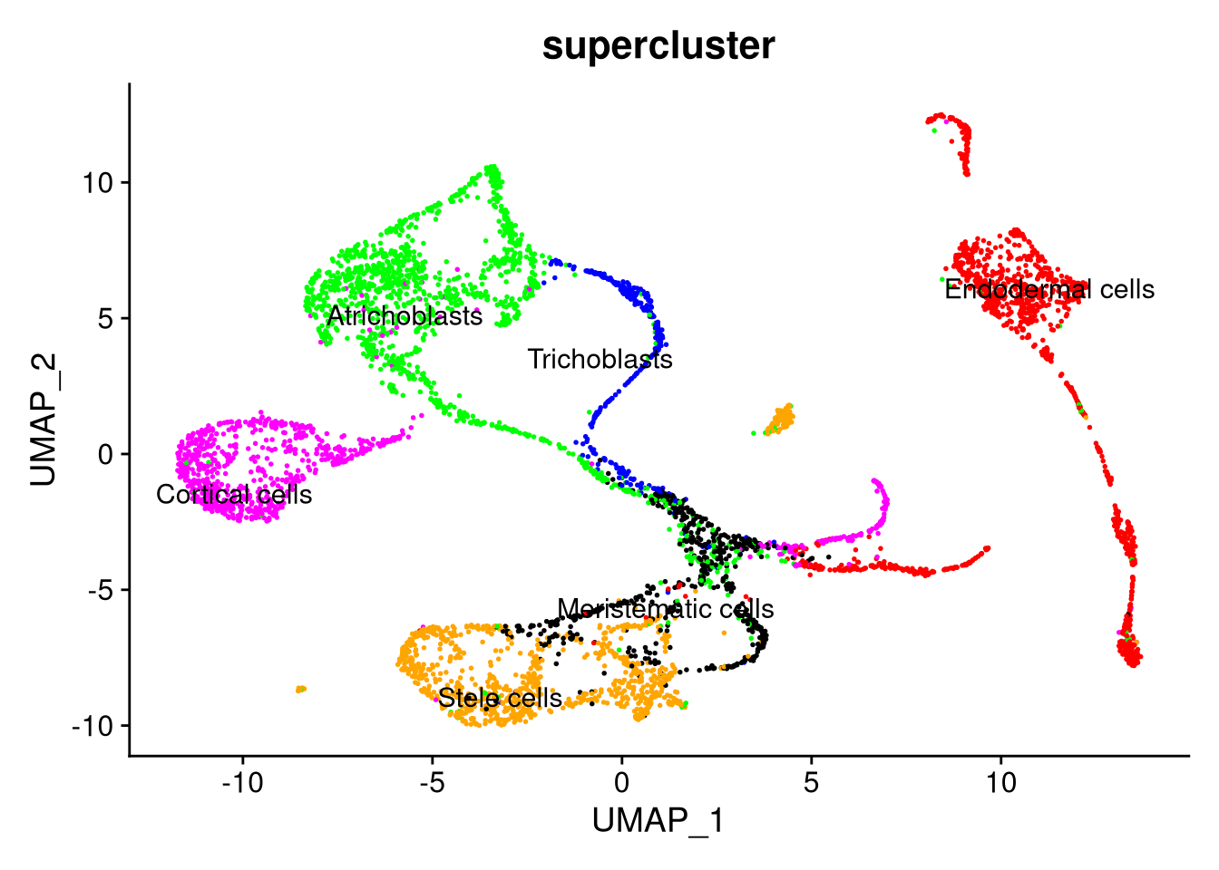 UMAP plot by supercluster, using SCTransform normalization