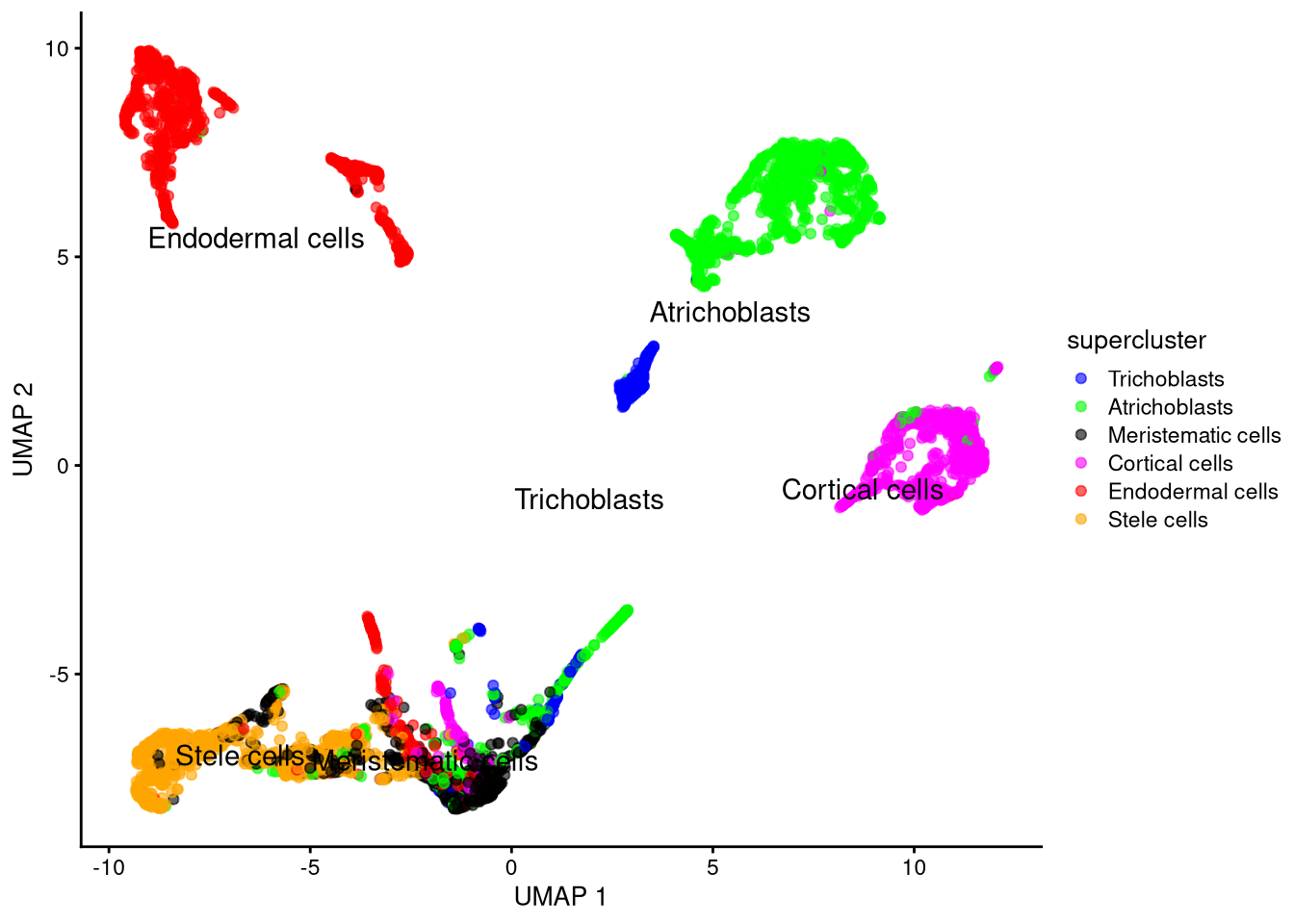 UMAP plot based on log-normalized counts, by supercluster