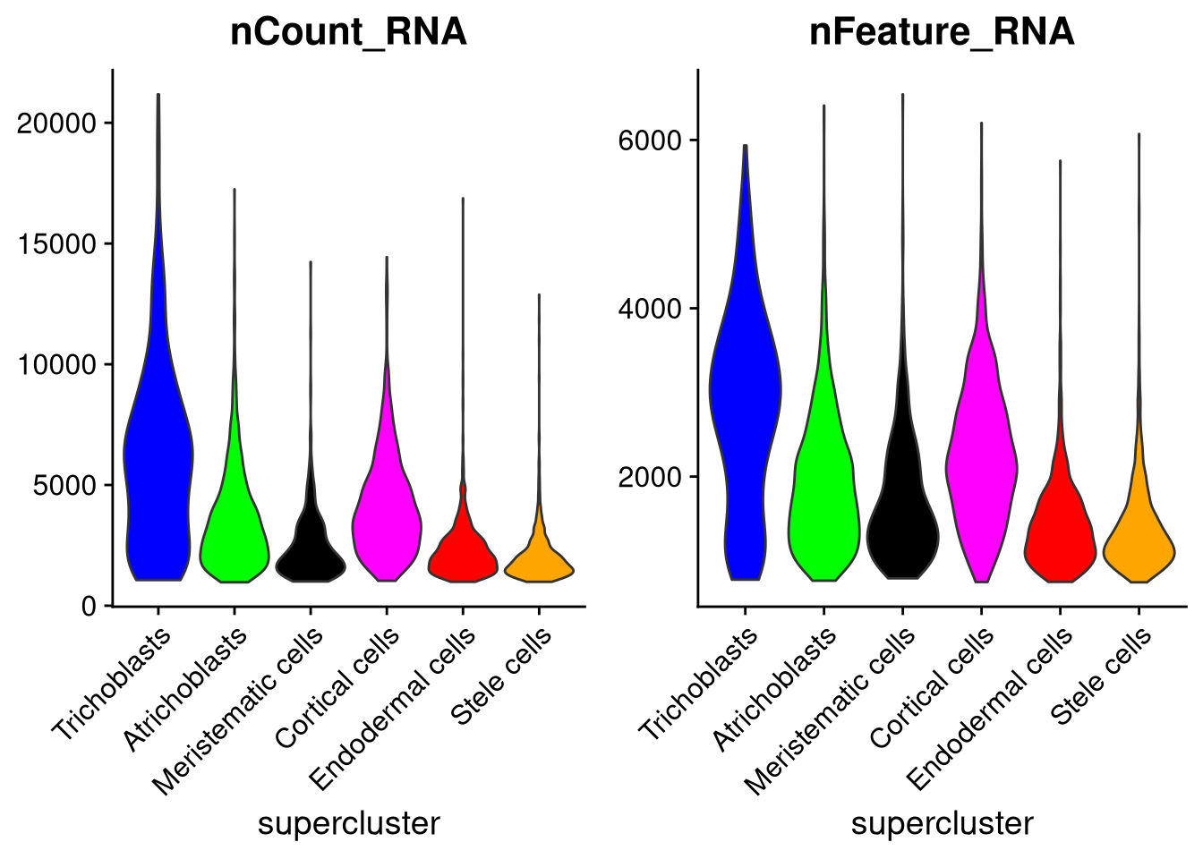 Cell counts and number of expressed genes, by supercluster